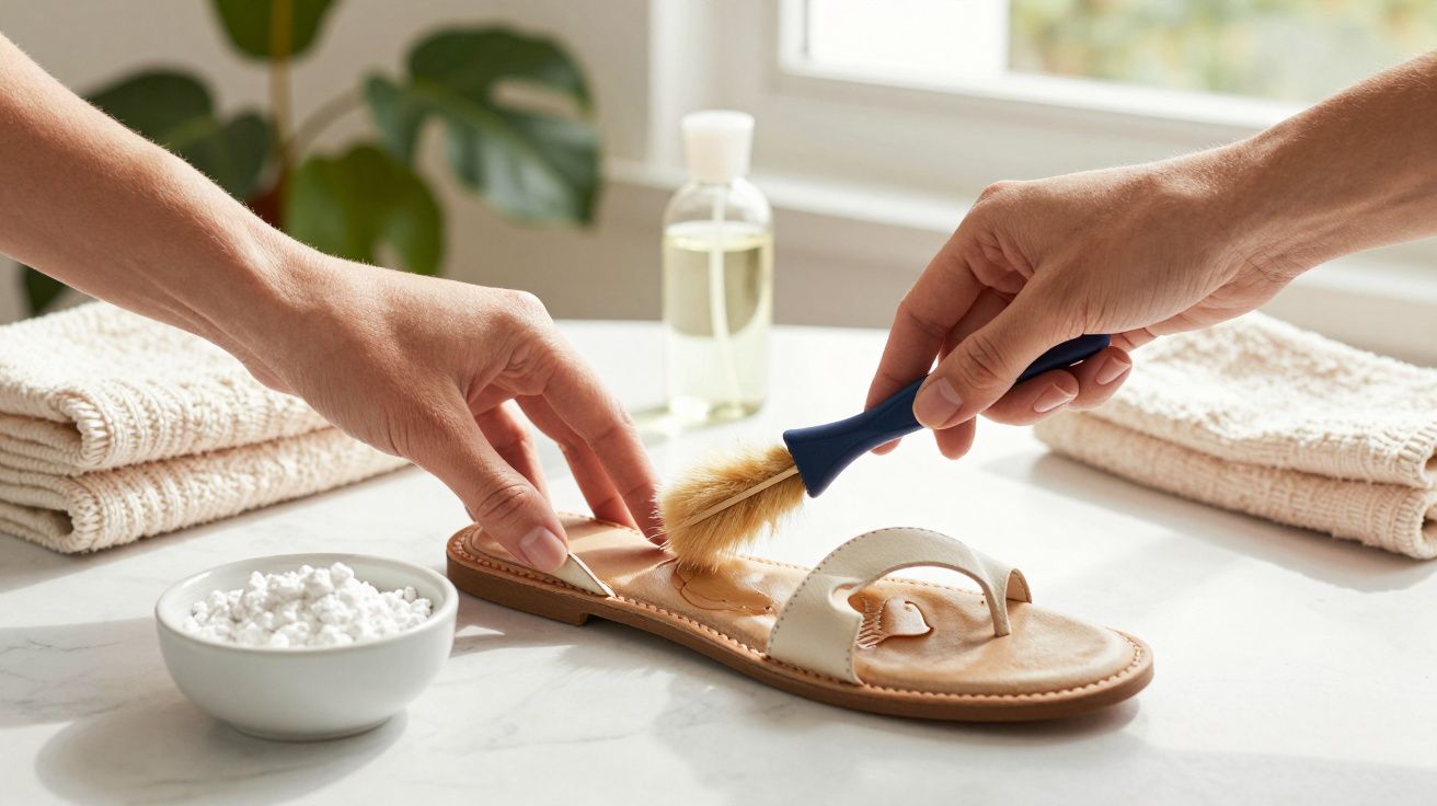 Mão a limpar sandália branca com pincel, sobre mesa com toalhas e tigela de pérolas.