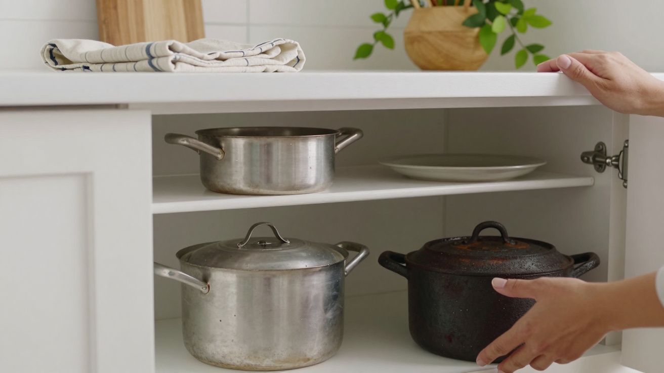 Mãos organizam panelas num armário de cozinha branco, com tábua de madeira e plantas no fundo.