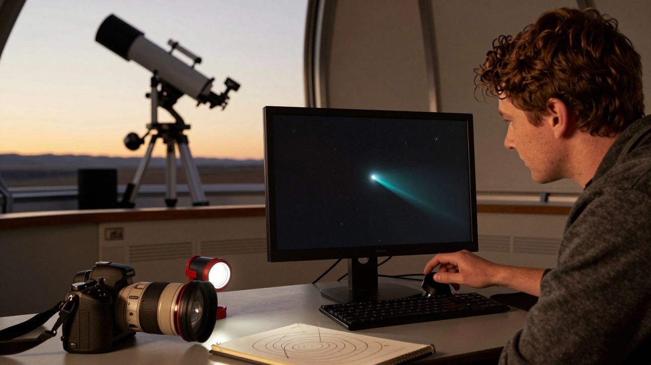 Homem observa cometa num ecrã de computador em observatório com telescópio ao fundo.