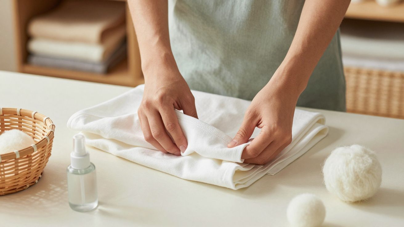 Pessoa a dobrar toalha branca numa mesa com bolas de lã, cesta e frasco pequeno ao fundo.