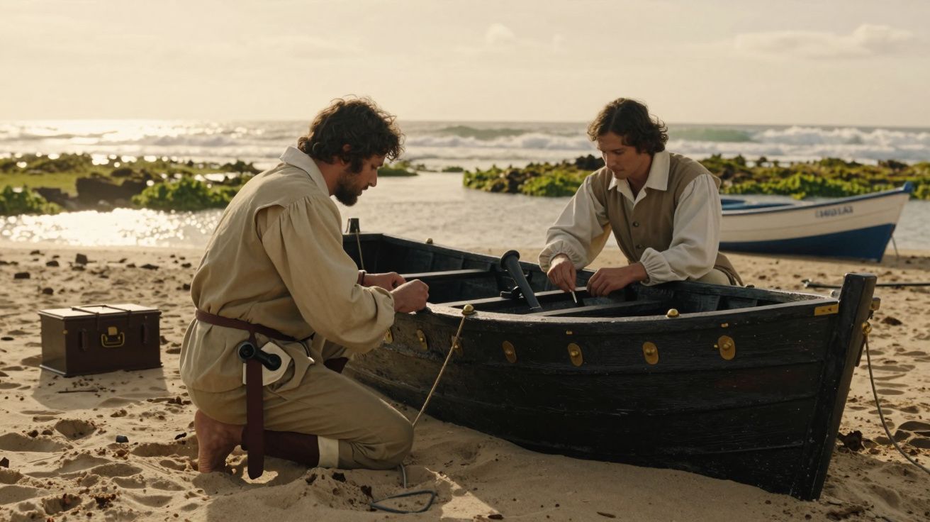 Dois homens trabalham numa pequena embarcação preta na praia, rodeados por mar e vegetação.