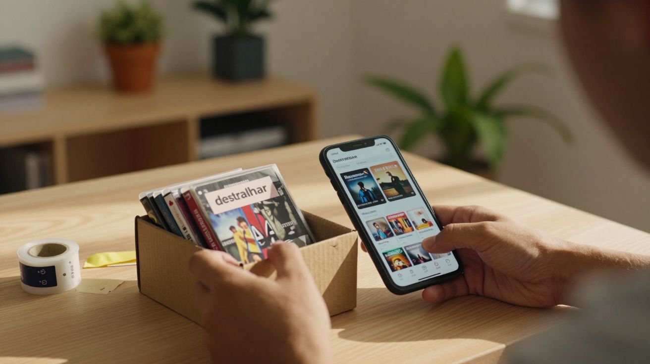 Pessoa segura smartphone e consulta catálogo de discos, ao lado de caixa com CDs, em ambiente claro e organizado.