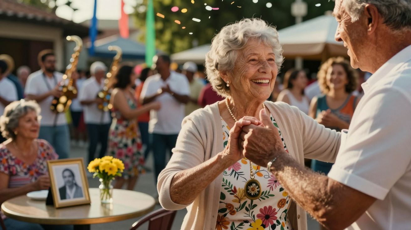 Casal idoso a dançar em festa ao ar livre, com músicos e decorações coloridas ao fundo.