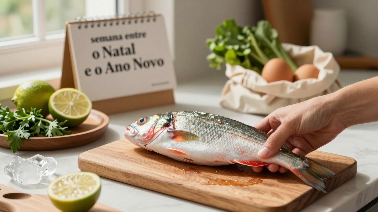 Pessoa a segurar um peixe fresco numa tábua de madeira, com limão, salsa e um calendário de fundo na cozinha.