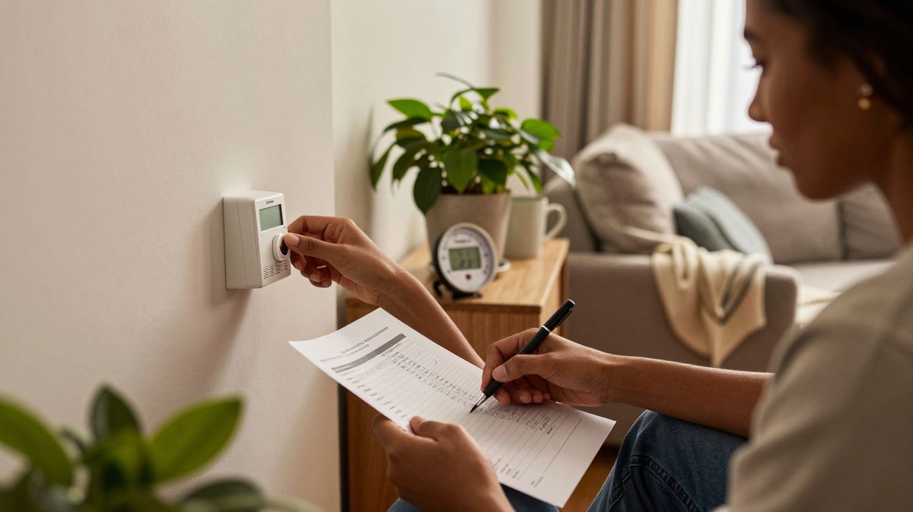 Mulher ajusta termóstato na parede enquanto consulta um documento.