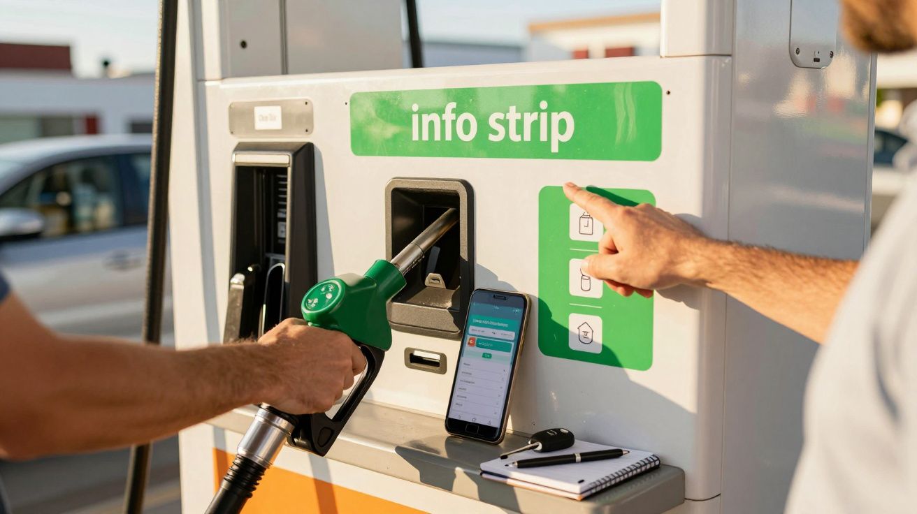 Pessoa a abastecer carro com gasolina enquanto consulta um telemóvel na bomba de combustível.