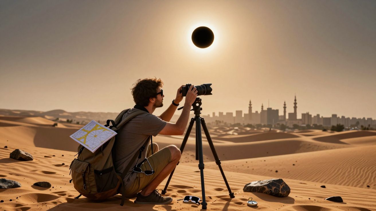 Fotógrafo no deserto capturando eclipse solar com uma cidade ao fundo.