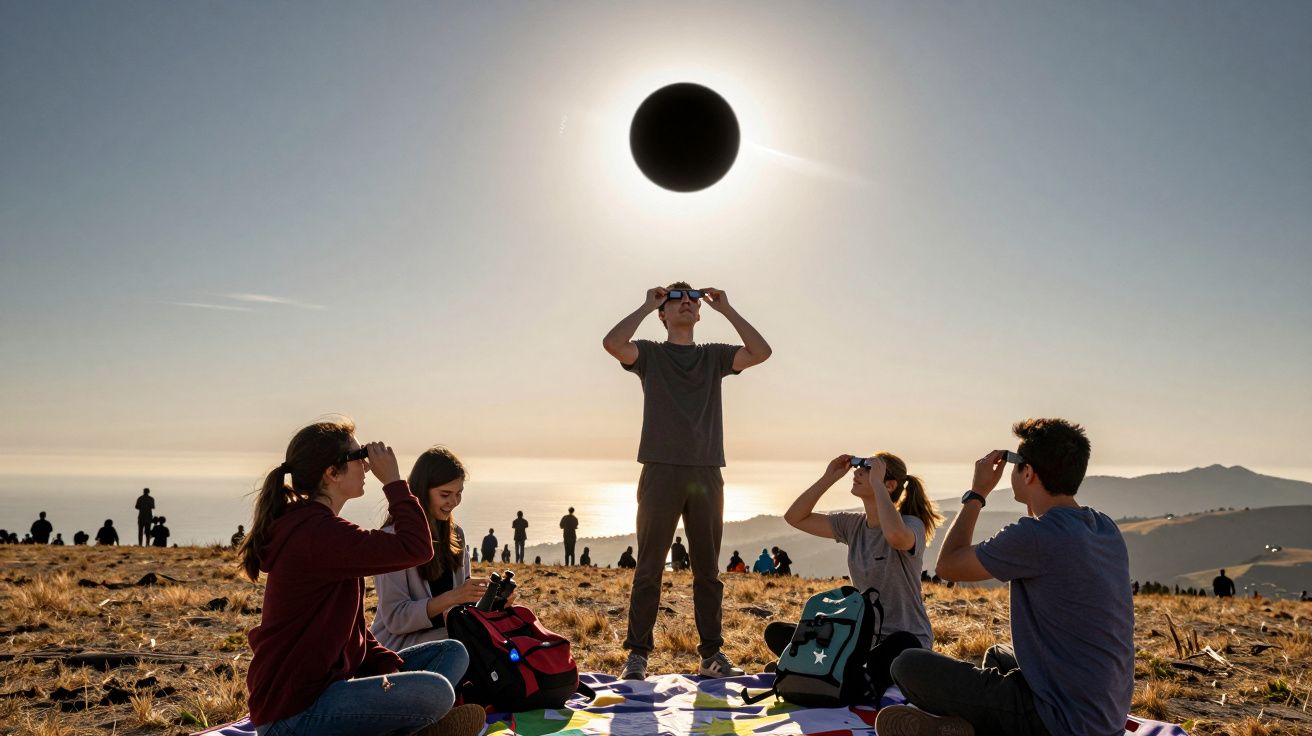 Grupo de jovens observa eclipse solar com óculos especiais ao ar livre, em campo aberto, durante o dia.