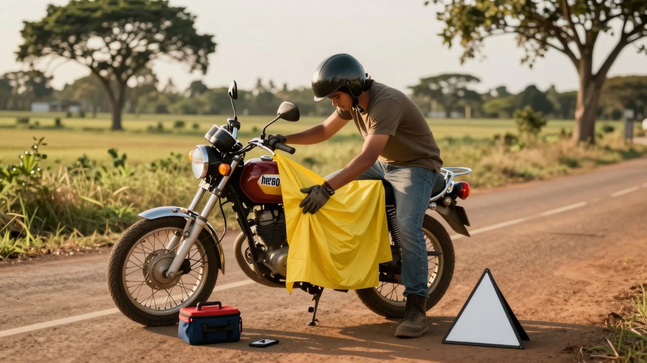 Homem de capacete repara moto na berma da estrada rural, com triângulo de sinalização e ferramentas no chão.