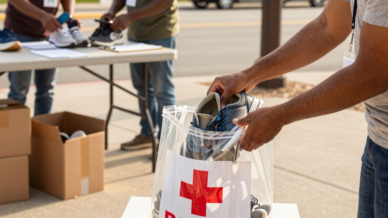 Pessoa coloca ténis num saco da Cruz Vermelha numa mesa, com caixas e outras pessoas ao fundo.