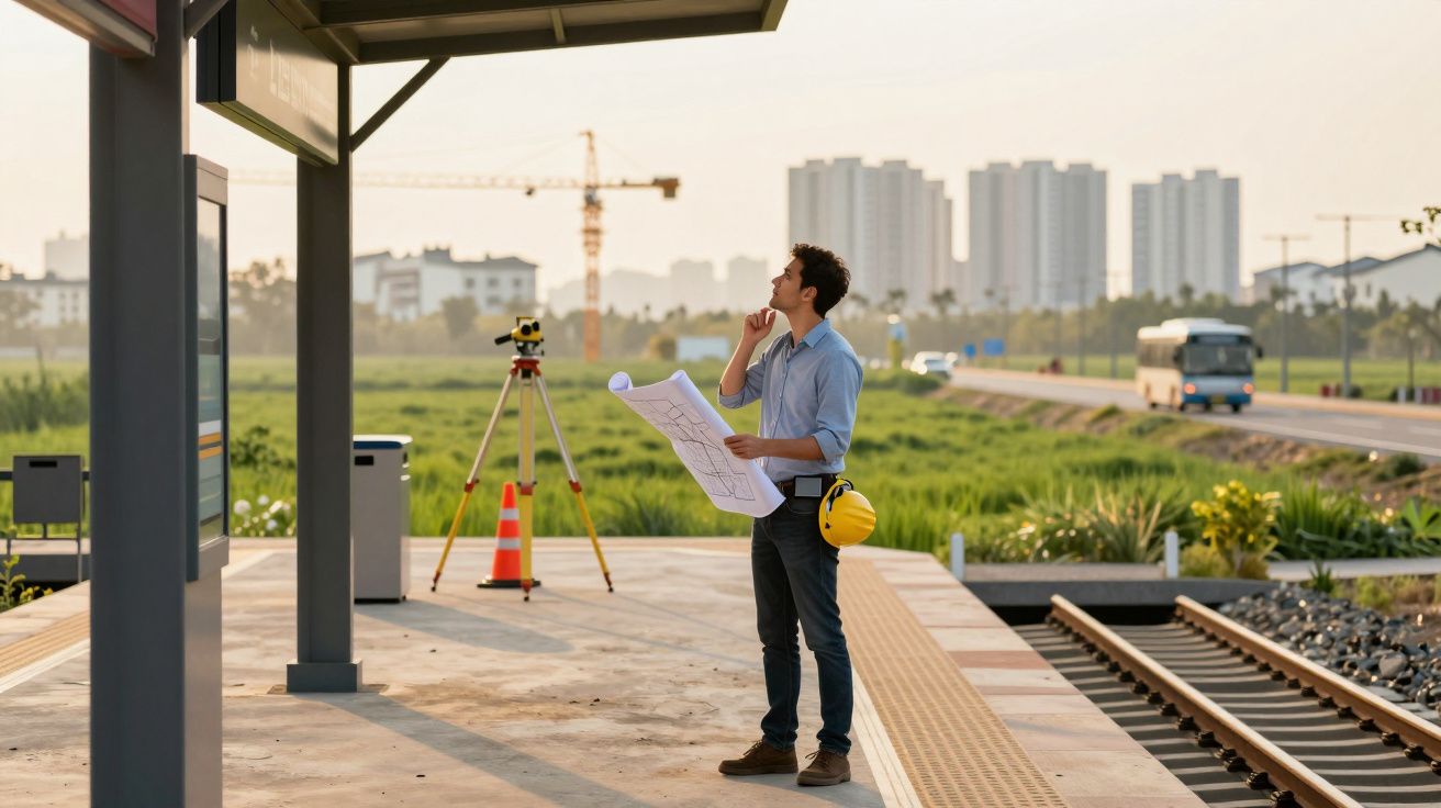 Homem analisa mapa numa estação de comboios em construção, com capacete na mão e edifícios ao fundo.