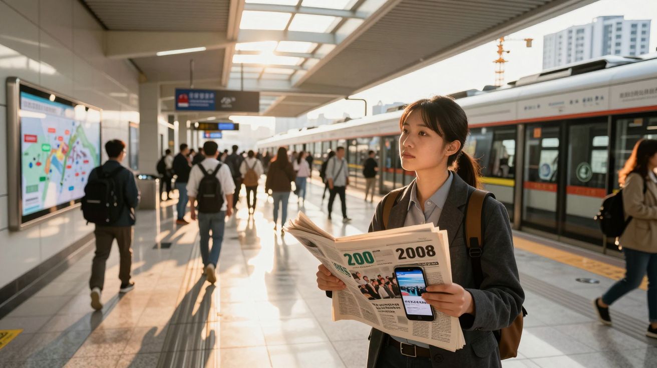 Mulher lê jornal numa plataforma de metro movimentada, com o sol a iluminar o espaço urbano.