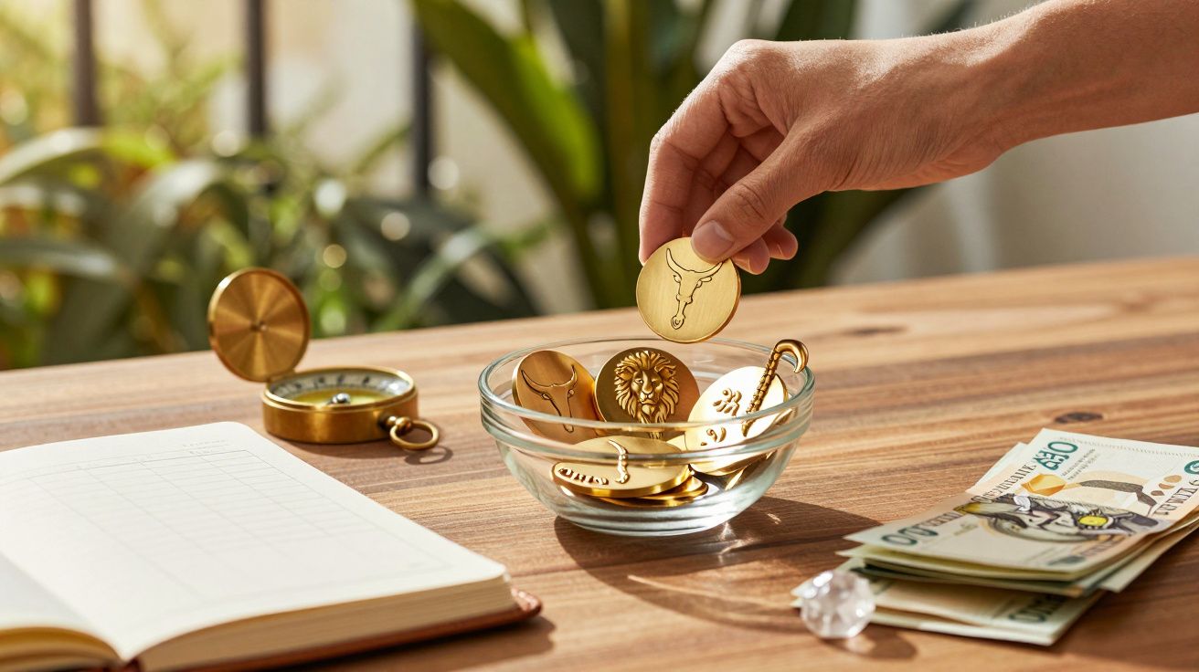 Mão coloca moeda de ouro numa tigela de vidro sobre mesa com notas, bússola e caderno ao fundo.