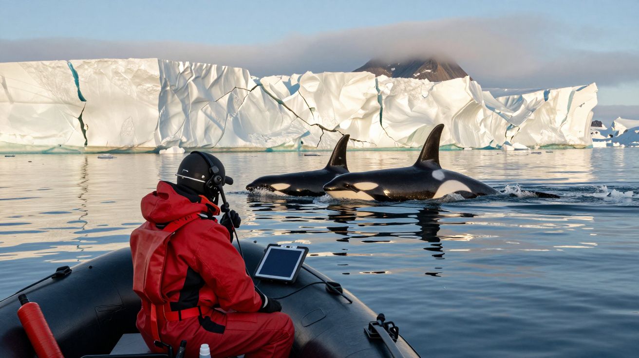 Pessoa em barco observa orcas perto de iceberg.