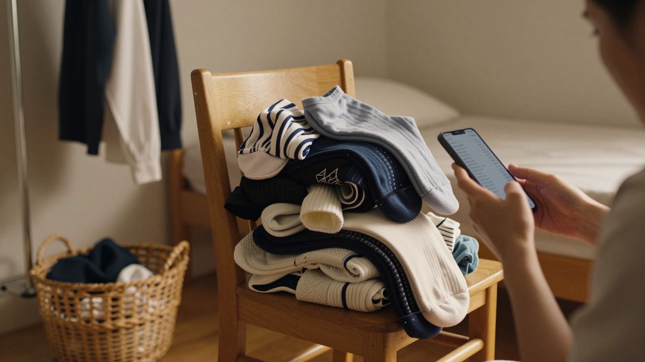 Pessoa sentada a usar smartphone ao lado de cadeira com roupa dobrada. Cesto e roupa pendurada ao fundo.