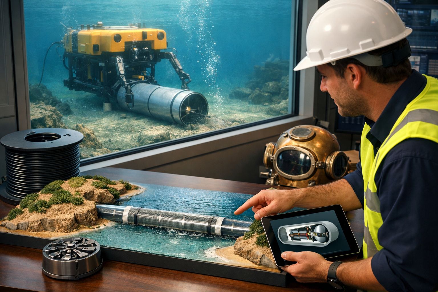 Homem com capacete anota observações enquanto braço robótico levanta cilindro metálico sobre a água no alto-mar.