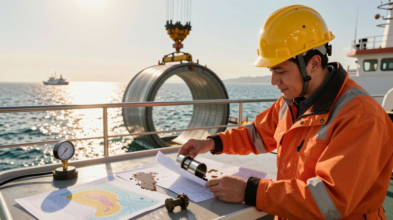 Homem com capacete e uniforme de segurança analisa mapas num barco, com bobina metálica suspensa ao fundo.