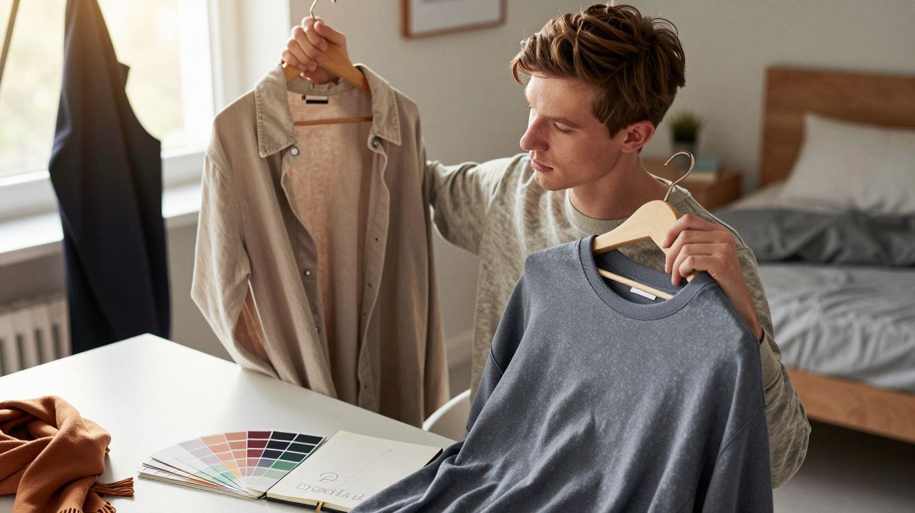 Homem a comparar duas peças de roupa em cabides, sentado numa mesa com amostras de cores e caderno.