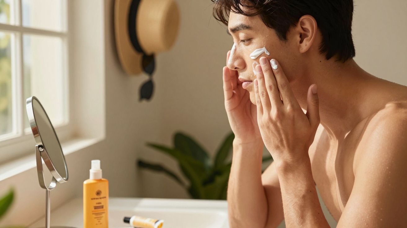 Homem aplica creme facial em frente ao espelho, com frascos cosméticos na bancada do banheiro iluminado pelo sol.