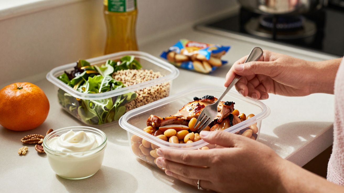 Pessoa a segurar caixa com feijão e carne. Ao lado, salada, iogurte, noz, laranja e garrafa de óleo na cozinha.