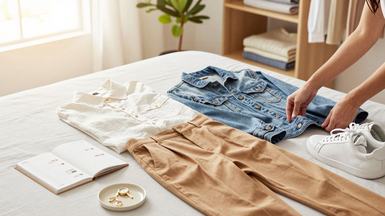 Camisa branca e casaco de ganga sobre cama com calças bege e ténis brancos; mãos ajustam o casaco.