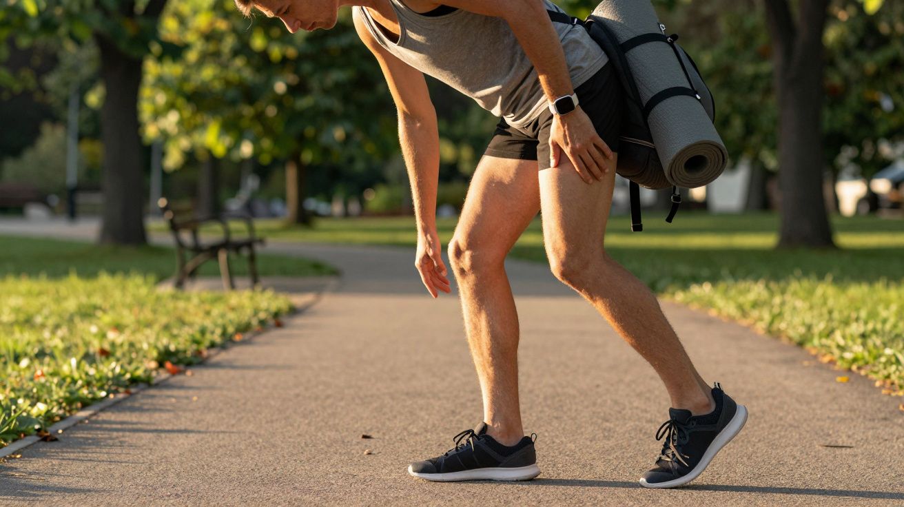 Homem a alongar-se num parque, vestindo roupa de desporto e com um tapete de ioga às costas.