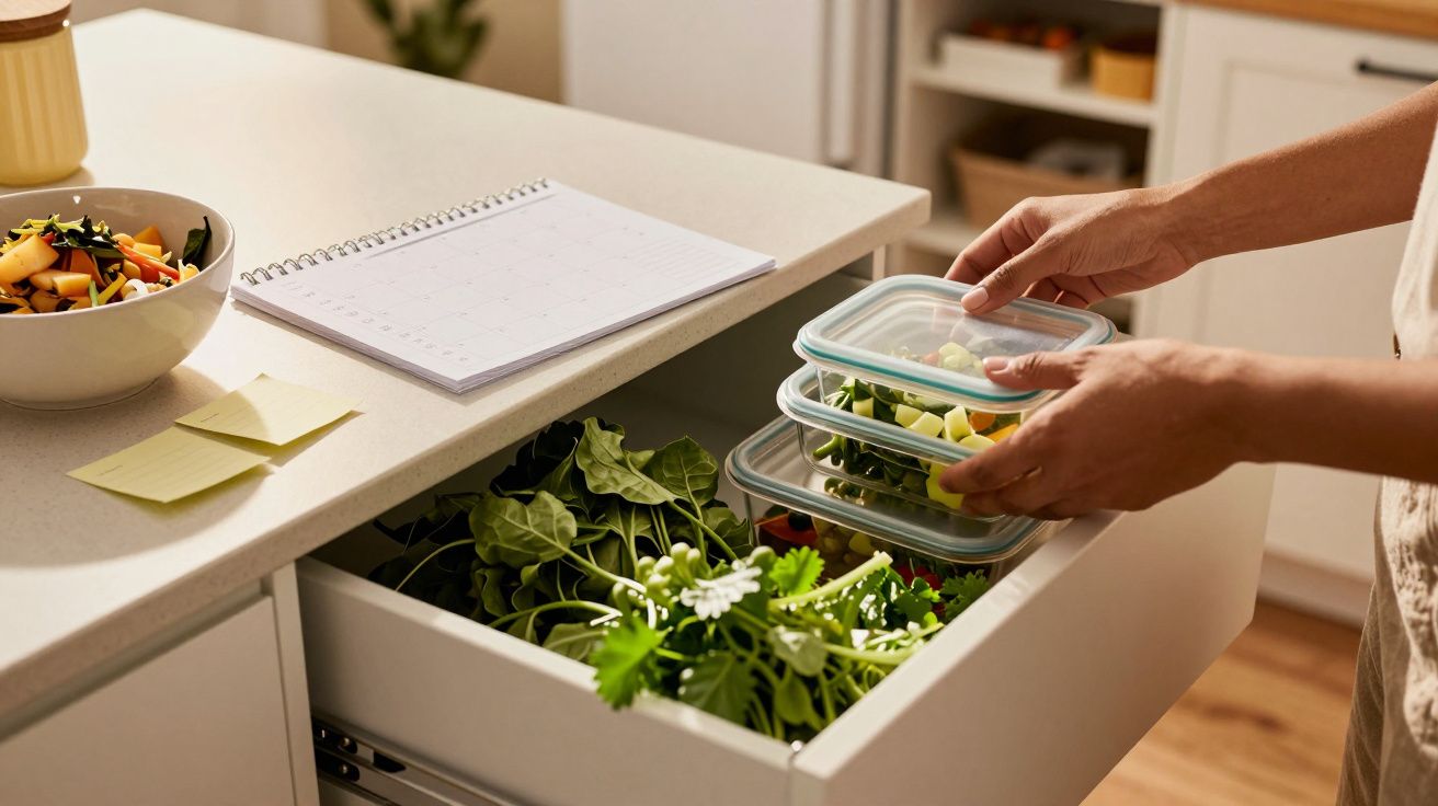 Pessoa guarda recipientes de plástico com vegetais numa gaveta, ao lado de bloco de notas e salada na bancada.