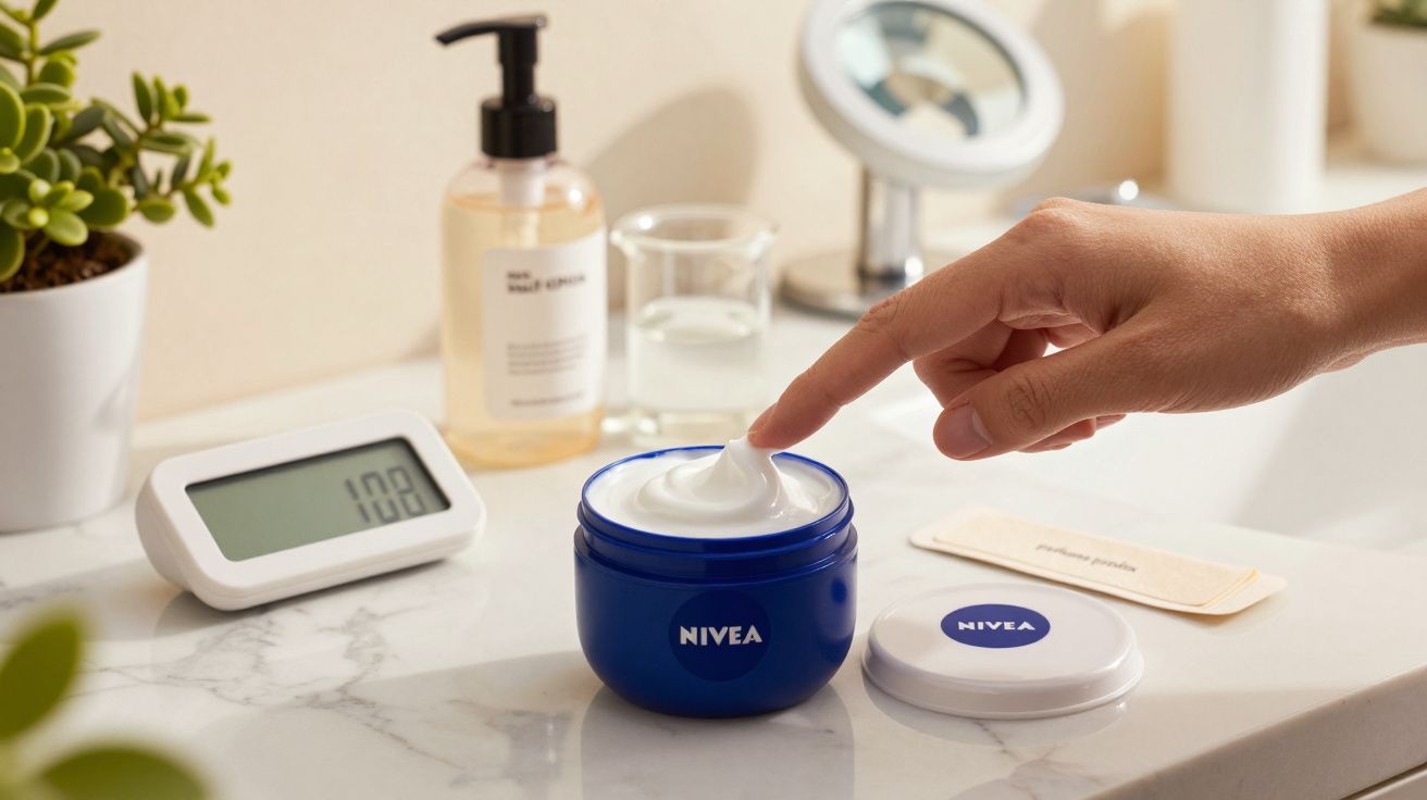 Mão a retirar creme de um boião azul Nivea, ao lado de produtos de higiene numa casa de banho.
