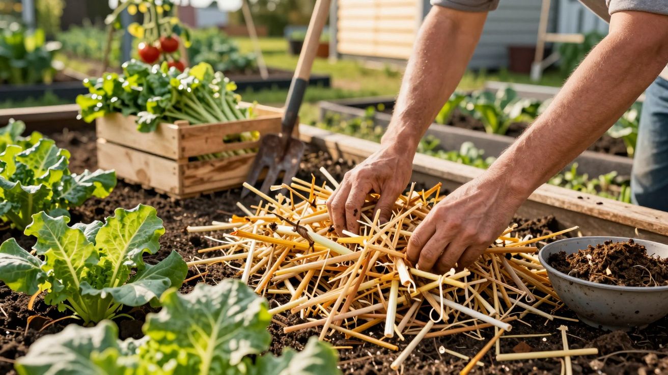 Mãos arranjam palhinhas num canteiro de jardim, rodeado por legumes, caixa de colheita e utensílios de jardinagem.