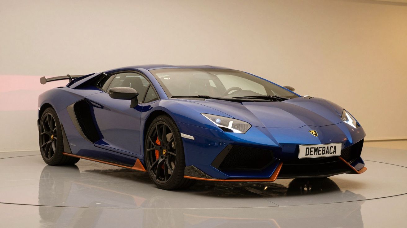 Carro desportivo azul escuro em exposição, com design aerodinâmico e jantes pretas, sob luz artificial.