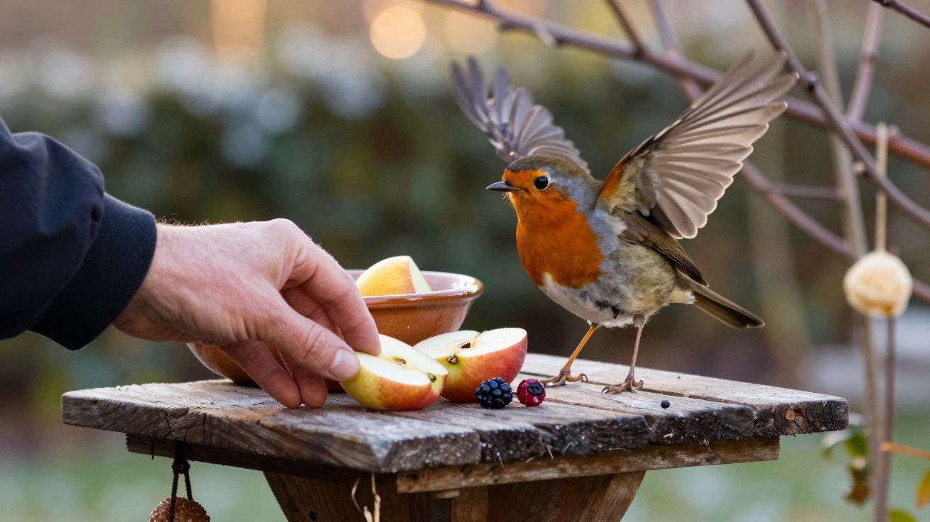 Mão a oferecer maçãs a um pisco-de-peito-ruivo numa mesa de madeira ao ar livre.