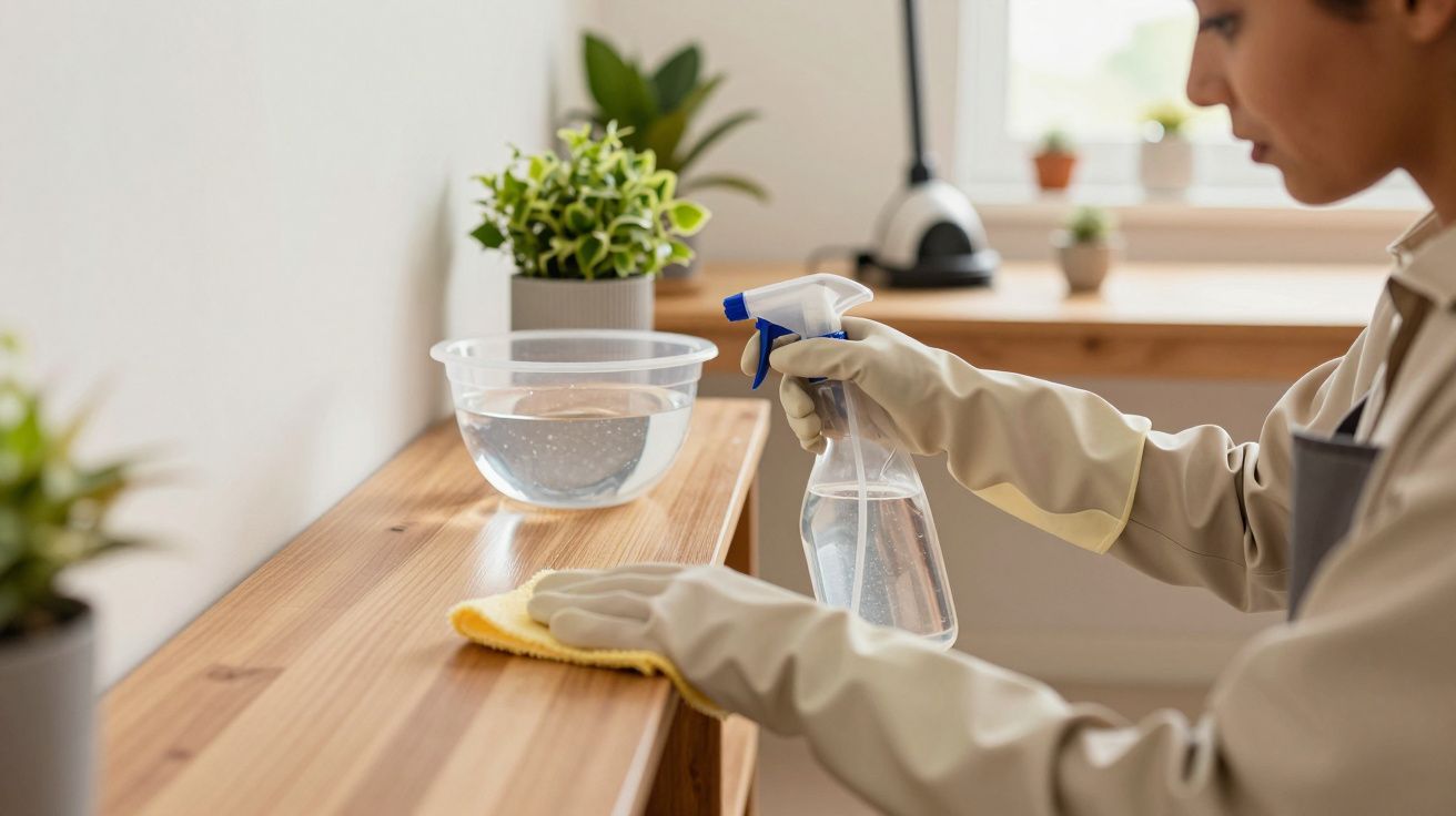 Pessoa limpa prateleira de madeira com luvas, spray e pano amarelo; plantas ao fundo.