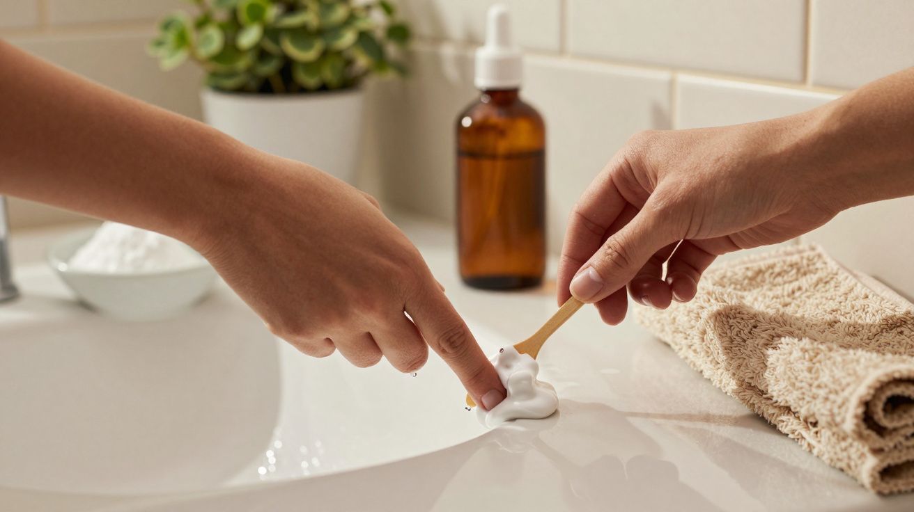 Mãos em cima de um lavatório, uma aplica creme com uma espátula. Toalha bege e frasco castanho no fundo.