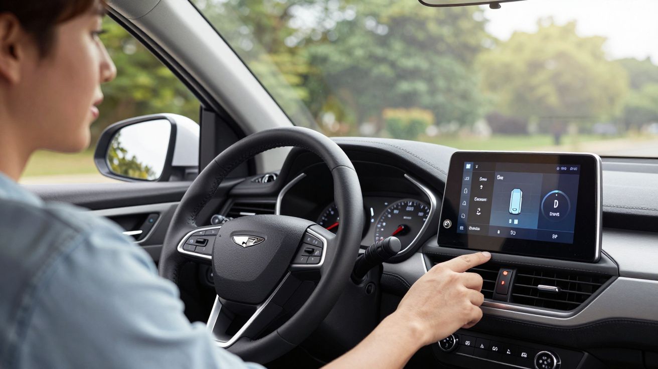 Pessoa ajusta o ecrã tátil do carro enquanto conduz, mostrando informações de condução.