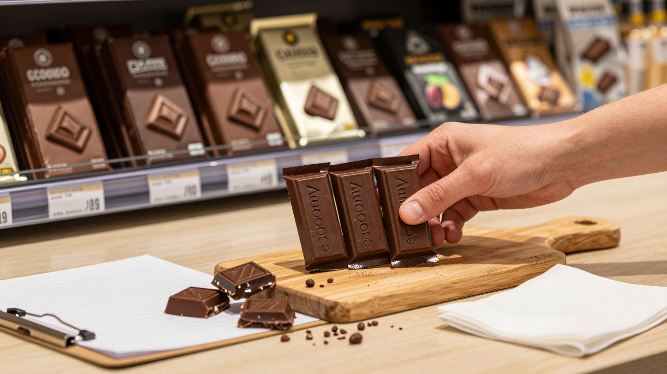 Mão espetando dois chocolates em barra em tábua de madeira, com amostras partidas ao lado, num supermercado.