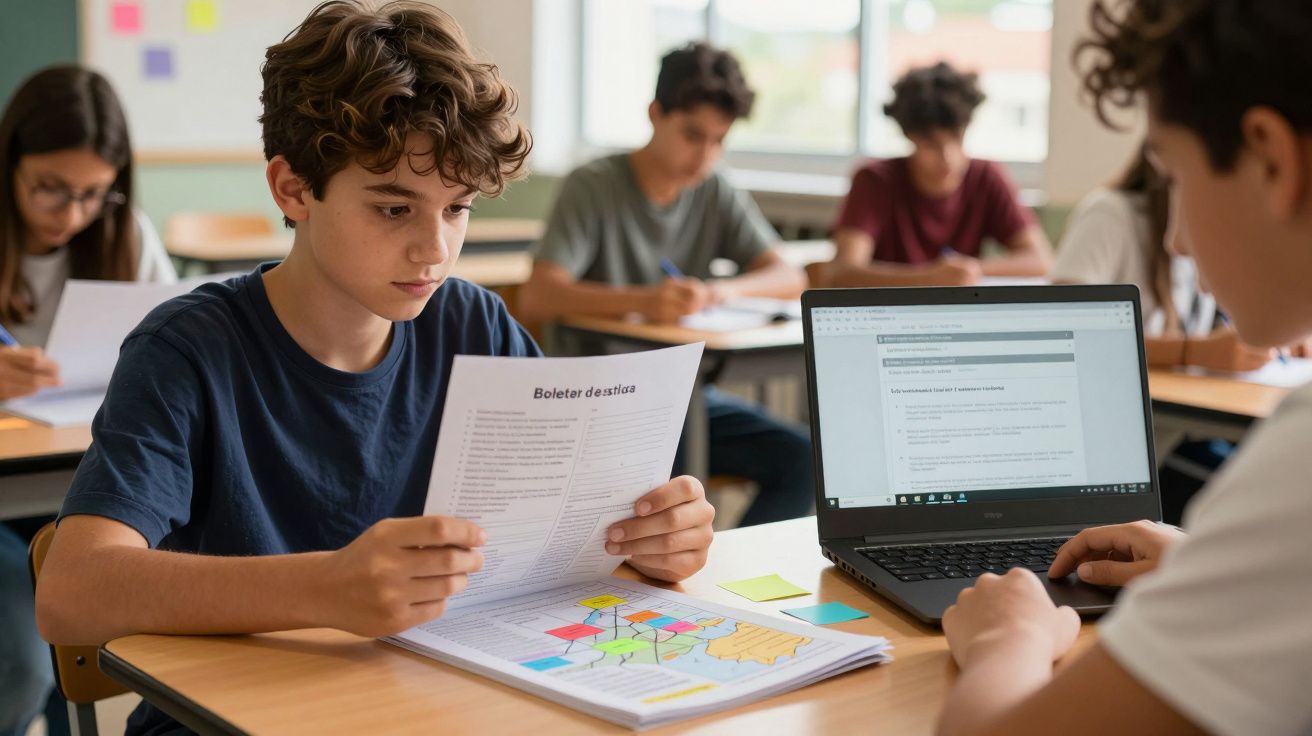 Rapaz numa sala de aula a ler documentos, rodeado por colegas e um portátil aberto.