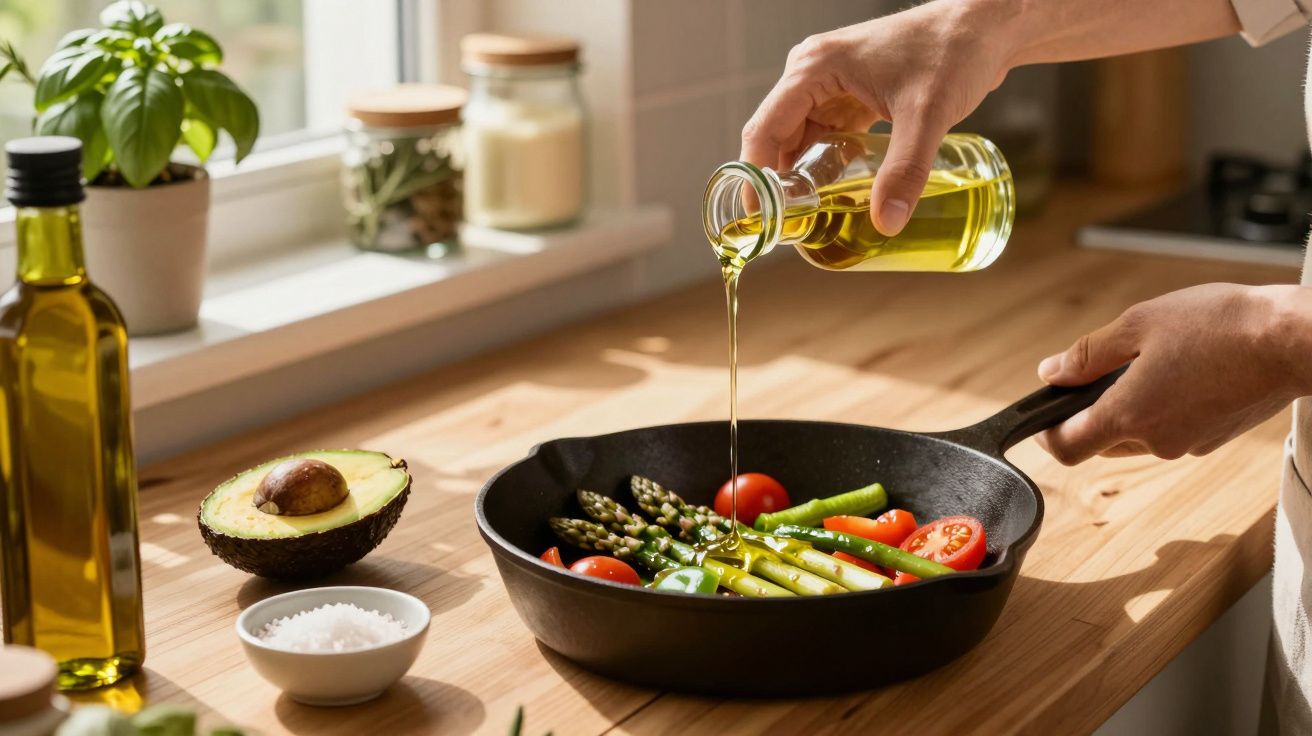 Pessoa a deitar azeite numa frigideira com espargos, tomates e abacate, num balcão de cozinha iluminado pelo sol.