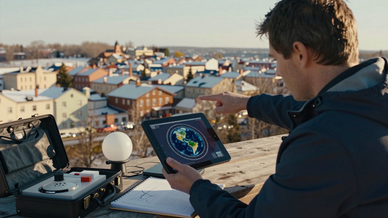 Homem com tablet mostrando mapa em pátio, com cidade ao fundo e mala técnica aberta ao lado.