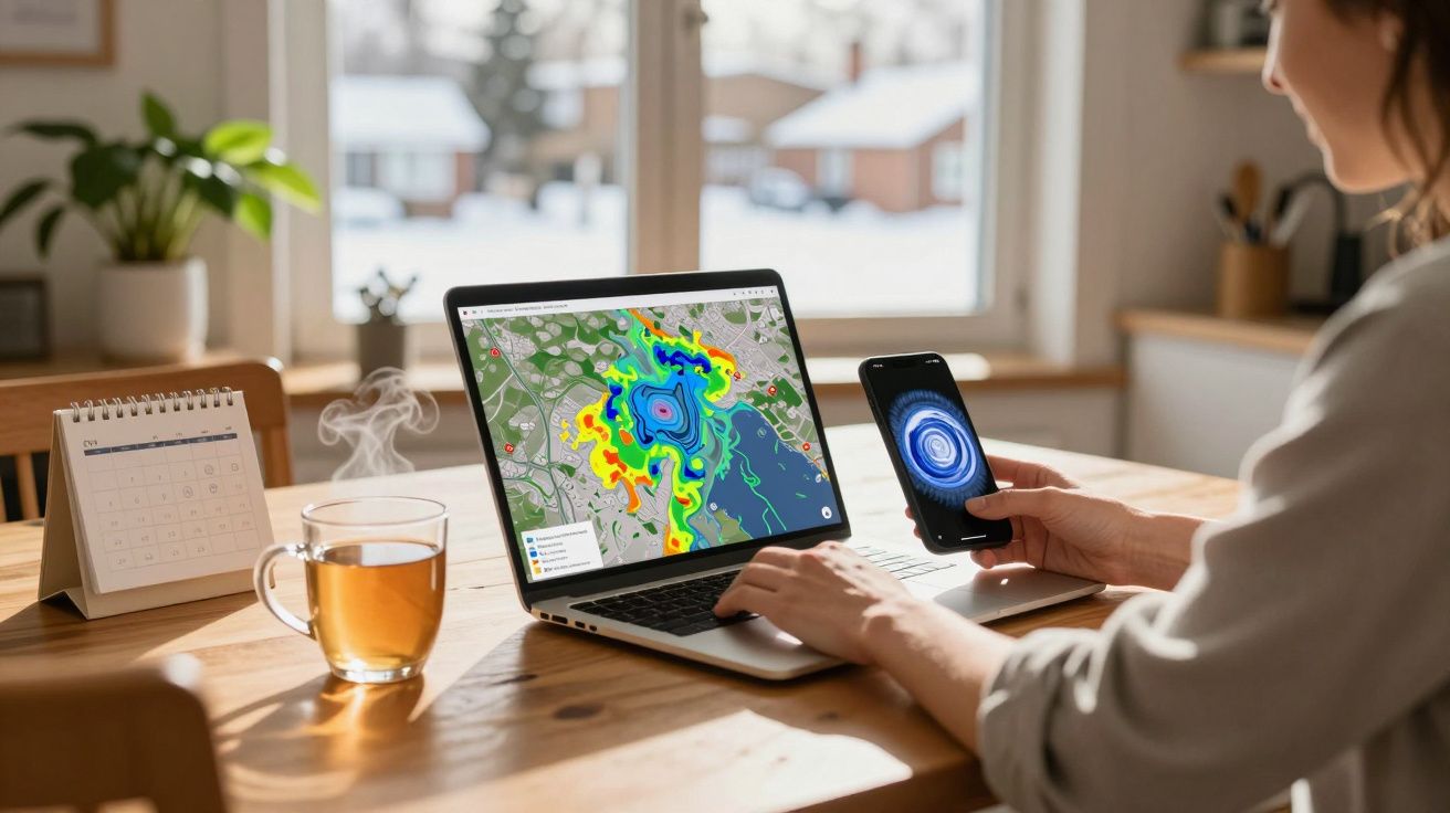 Pessoa usa laptop com mapa de calor e smartphone à mesa, com chá e calendário ao lado.