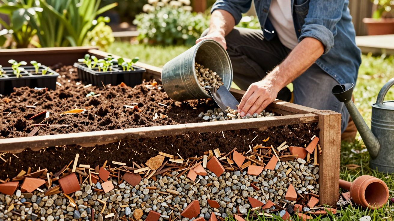 Pessoa colocando pedras numa horta elevada com camadas de terra e materiais de drenagem.