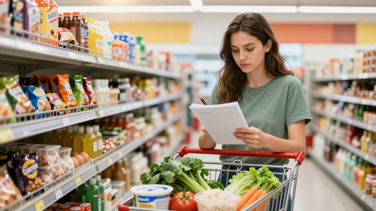Mulher jovem faz compras no supermercado, verifica lista enquanto empurra carrinho com legumes e alimentos variados.