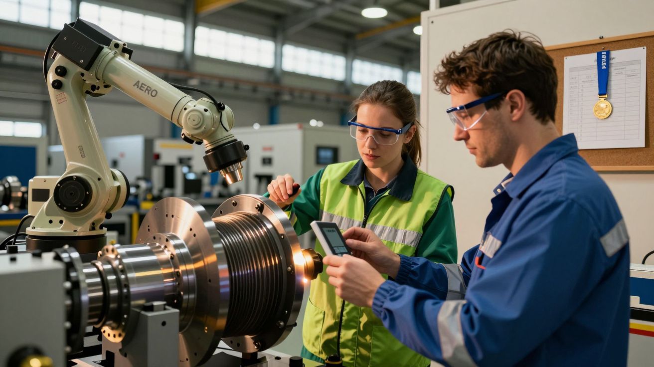 Duas pessoas numa fábrica a inspecionarem uma máquina com um braço robótico, usando óculos de segurança.