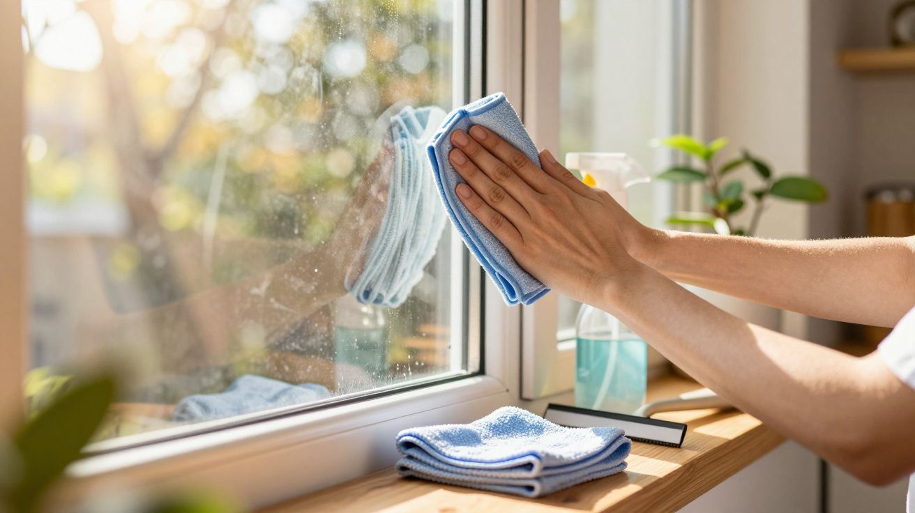 Mãos limpando janela com pano azul, produtos de limpeza e plantas ao fundo.