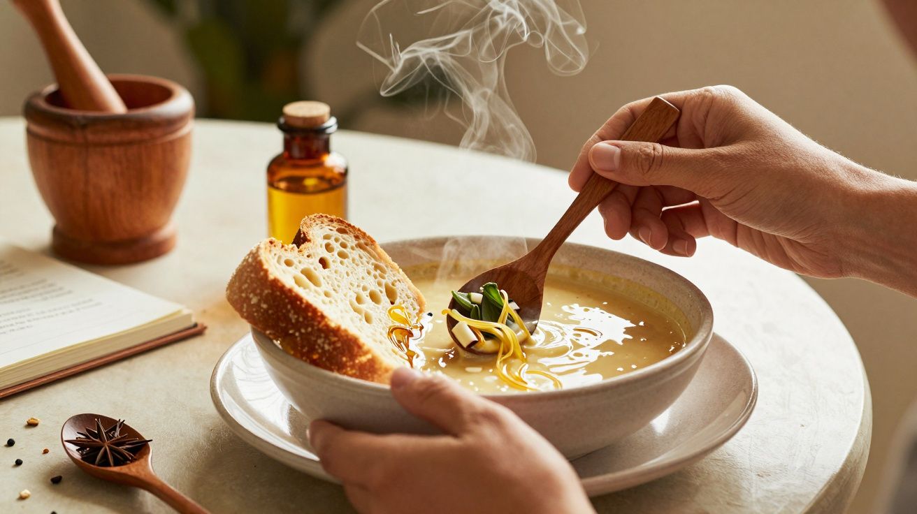Pessoa serve sopa quente com colher, acompanhada por fatia de pão, sobre uma mesa com especiarias e livro aberto.