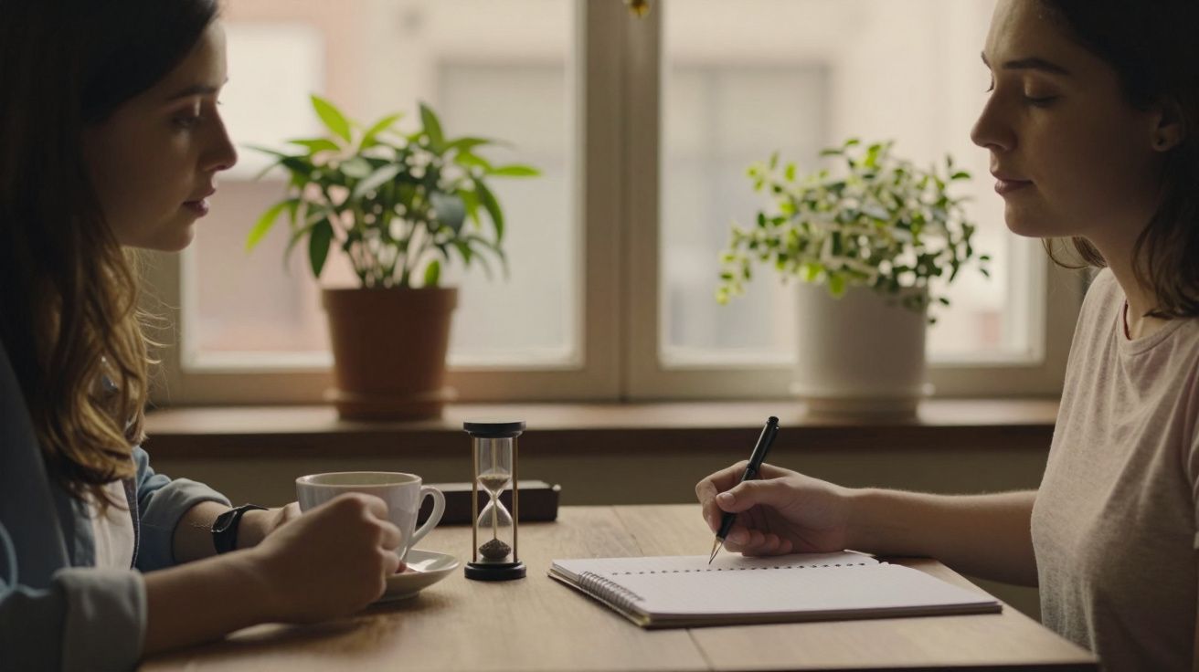 Duas mulheres conversam numa mesa com chávena e ampulheta, enquanto uma delas escreve num caderno.