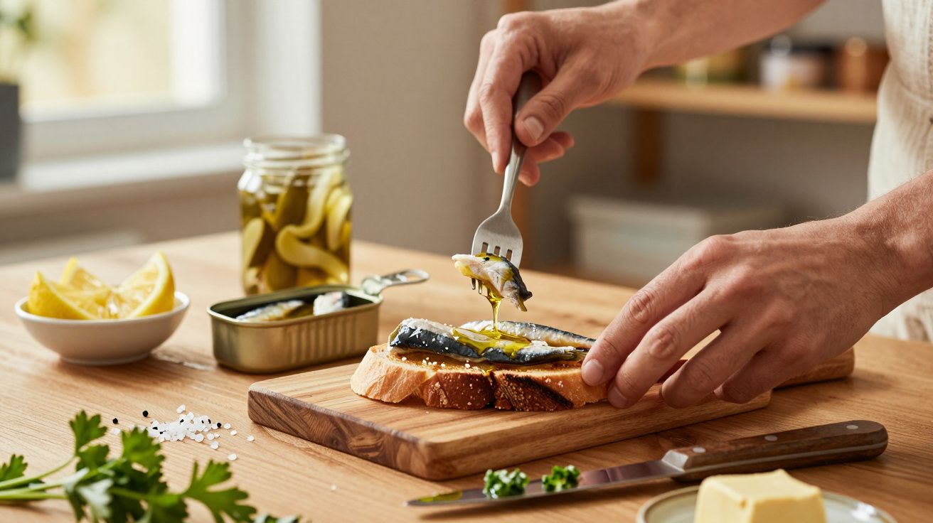 Mãos preparam torrada com sardinhas em azeite numa tábua de madeira, com limão e pickles ao lado.