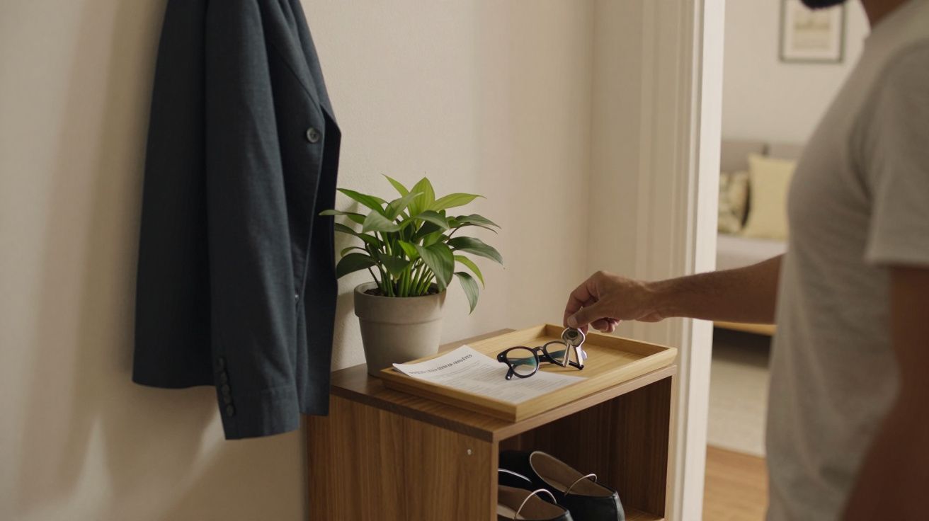 Homem pega óculos num armário de entrada com planta, casaco e papel; sapatos embaixo.