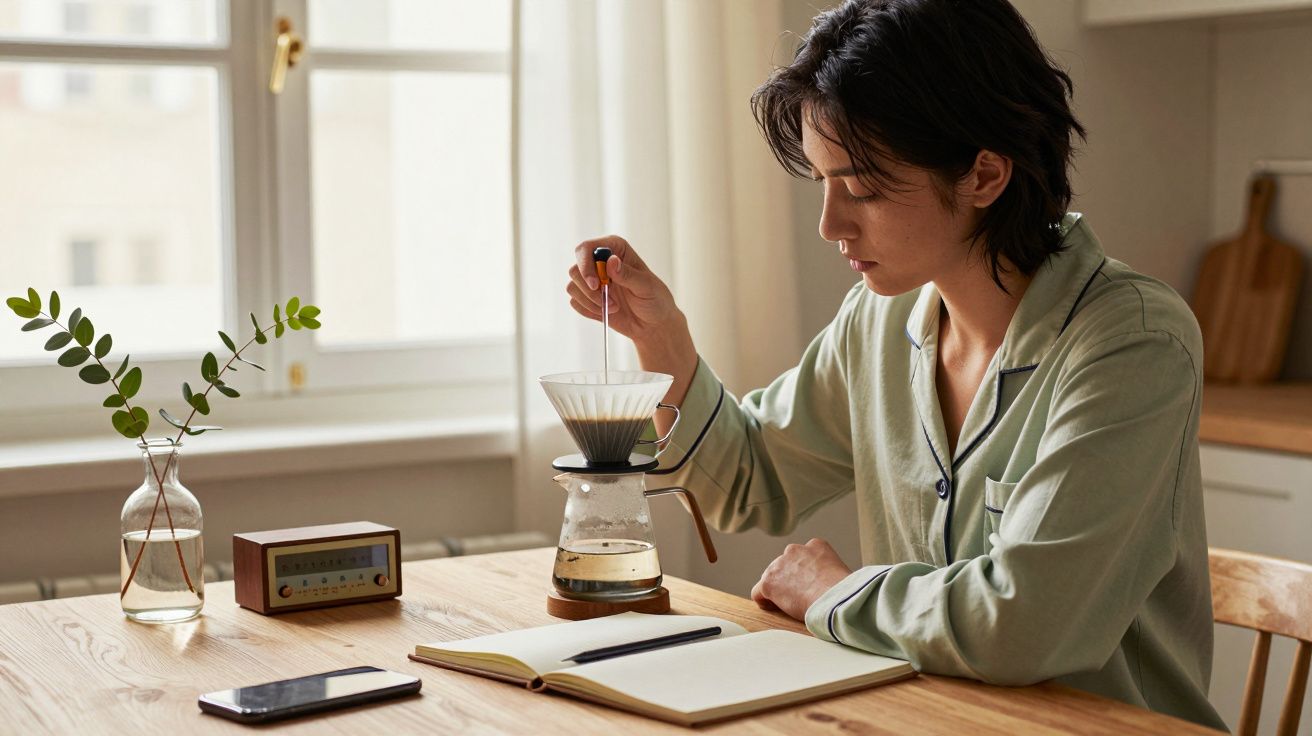 Pessoa em pijama verde faz café coado, sentada à mesa com caderno aberto, telemóvel e vaso.
