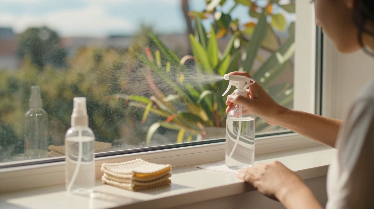 Pessoa a limpar janela com borrifador, panos e vista de plantas ao fundo, em ambiente ensolarado.