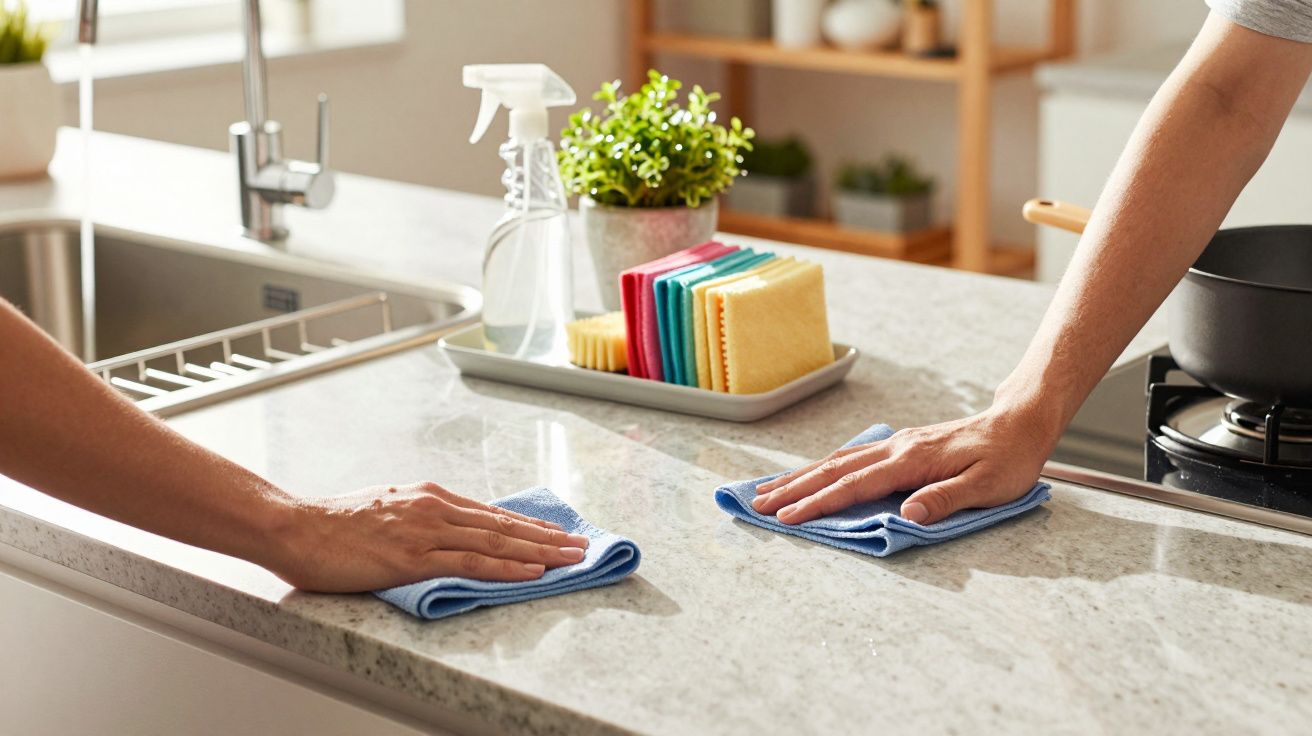 Duas pessoas limpam balcão de cozinha com panos azuis, ao lado de um lavatório e utensílios de limpeza.